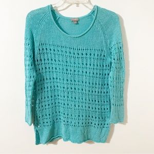 J. Jill Linen Cotton Blend Loose Open Knit Rolled Hems Rounded Neck Sweater 🩵